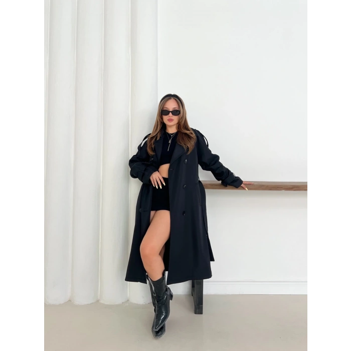 Kemer Detaylı Midiboy Trençkot Siyah