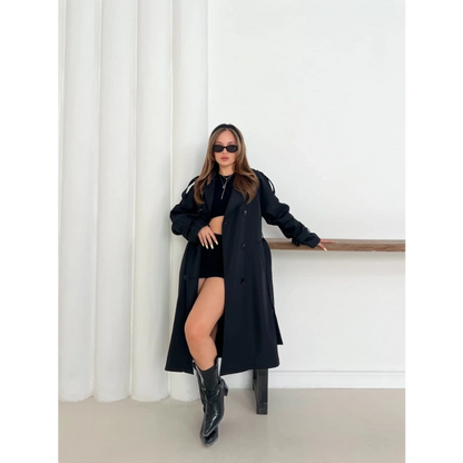 Kemer Detaylı Midiboy Trençkot Siyah