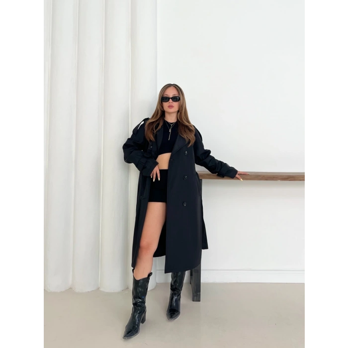 Kemer Detaylı Midiboy Trençkot Siyah