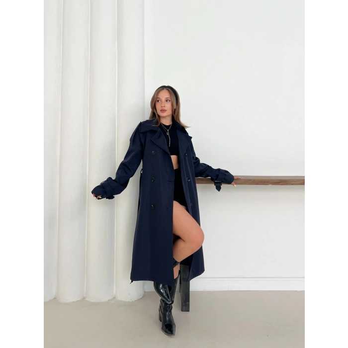 Kemer Detaylı Midiboy Trençkot Lacivert