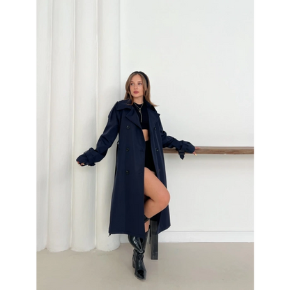 Kemer Detaylı Midiboy Trençkot Lacivert