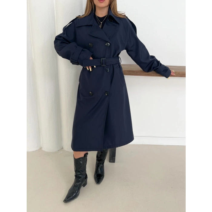 Kemer Detaylı Midiboy Trençkot Lacivert