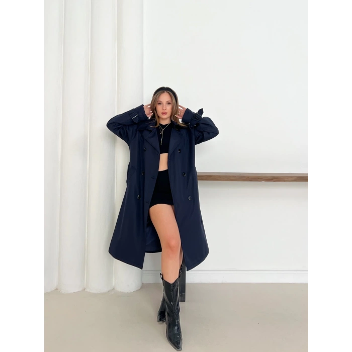 Kemer Detaylı Midiboy Trençkot Lacivert