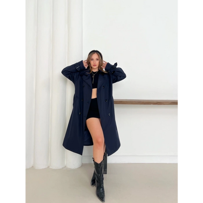 Kemer Detaylı Midiboy Trençkot Lacivert