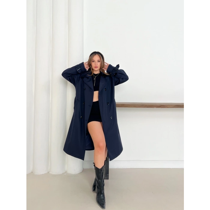 Kemer Detaylı Midiboy Trençkot Lacivert