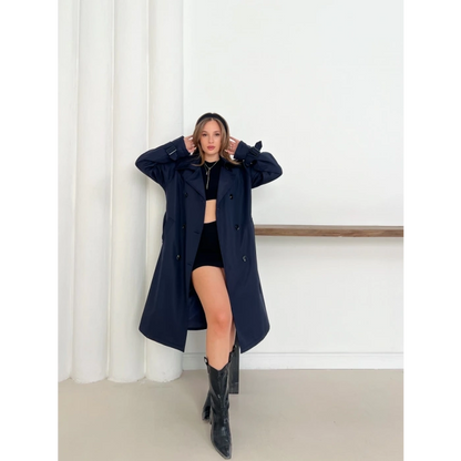 Kemer Detaylı Midiboy Trençkot Lacivert