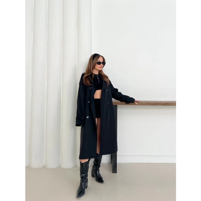 Kemer Detaylı Midiboy Trençkot Siyah
