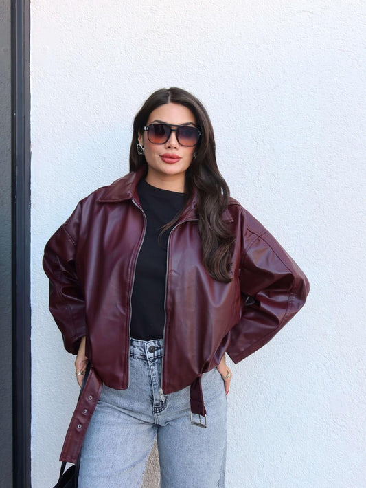 Kemerli Bomber Deri Ceket