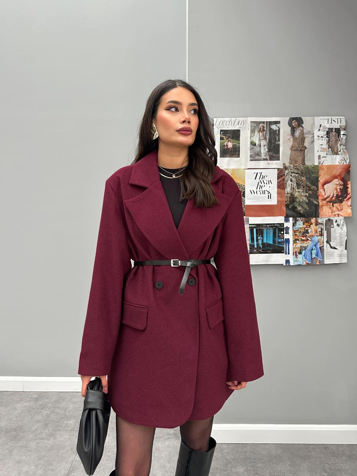 Kemerli Oversize Uzun Kaşe Ceket