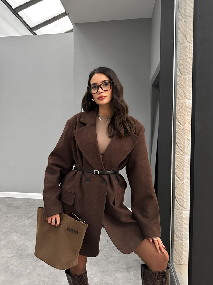 Kemerli Oversize Uzun Kaşe Ceket