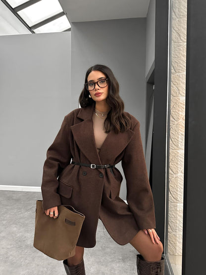 Kemerli Oversize Uzun Kaşe Ceket