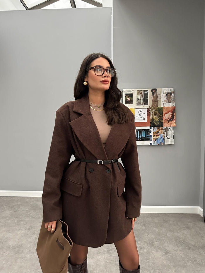 Kemerli Oversize Uzun Kaşe Ceket