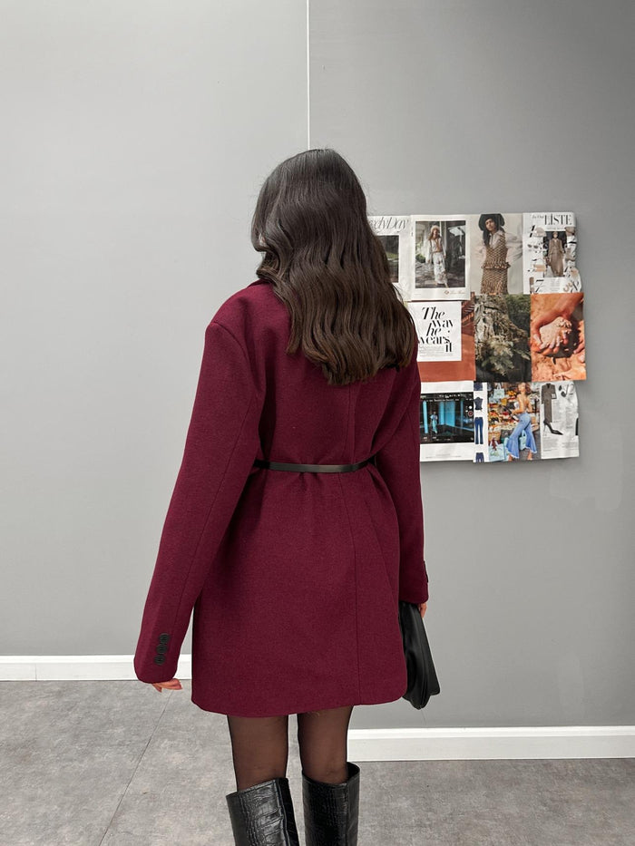 Kemerli Oversize Uzun Kaşe Ceket