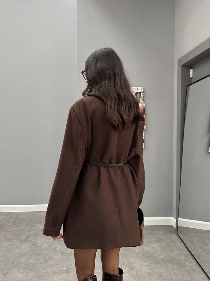 Kemerli Oversize Uzun Kaşe Ceket