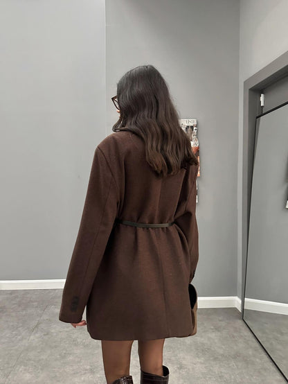 Kemerli Oversize Uzun Kaşe Ceket
