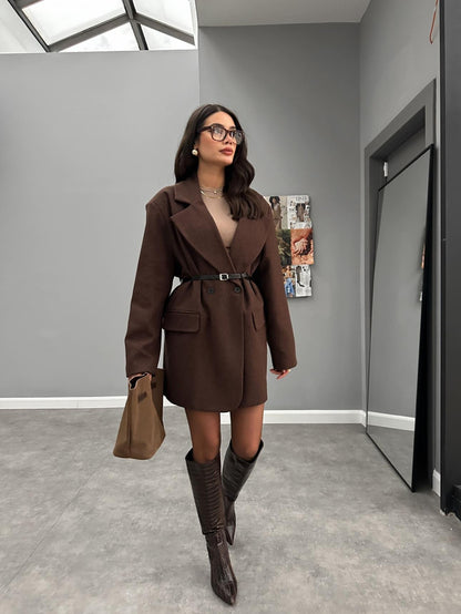 Kemerli Oversize Uzun Kaşe Ceket
