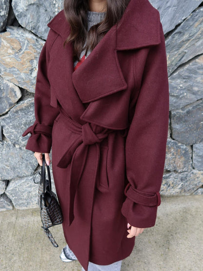 Kruvaze Kol Kemerli Kuşaklı Yün Kaban