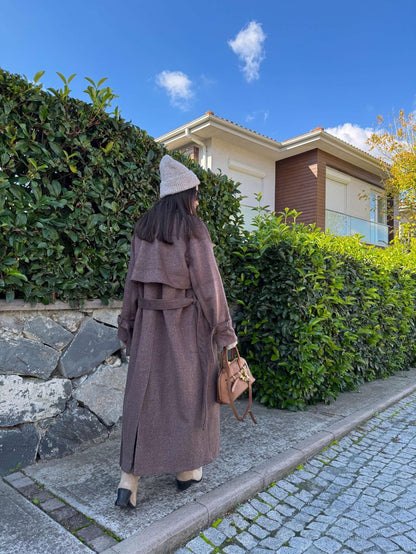 Kruvaze Kol Kemerli Kuşaklı Yün Kaban