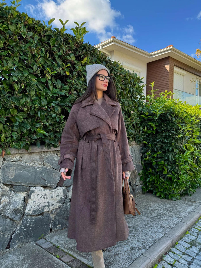 Kruvaze Kol Kemerli Kuşaklı Yün Kaban