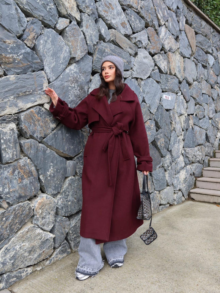 Kruvaze Kol Kemerli Kuşaklı Yün Kaban