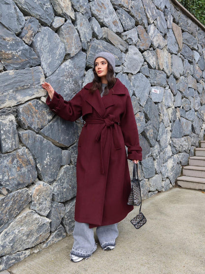 Kruvaze Kol Kemerli Kuşaklı Yün Kaban