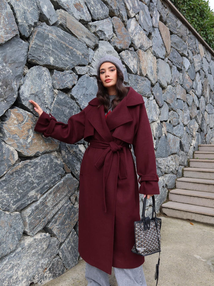 Kruvaze Kol Kemerli Kuşaklı Yün Kaban