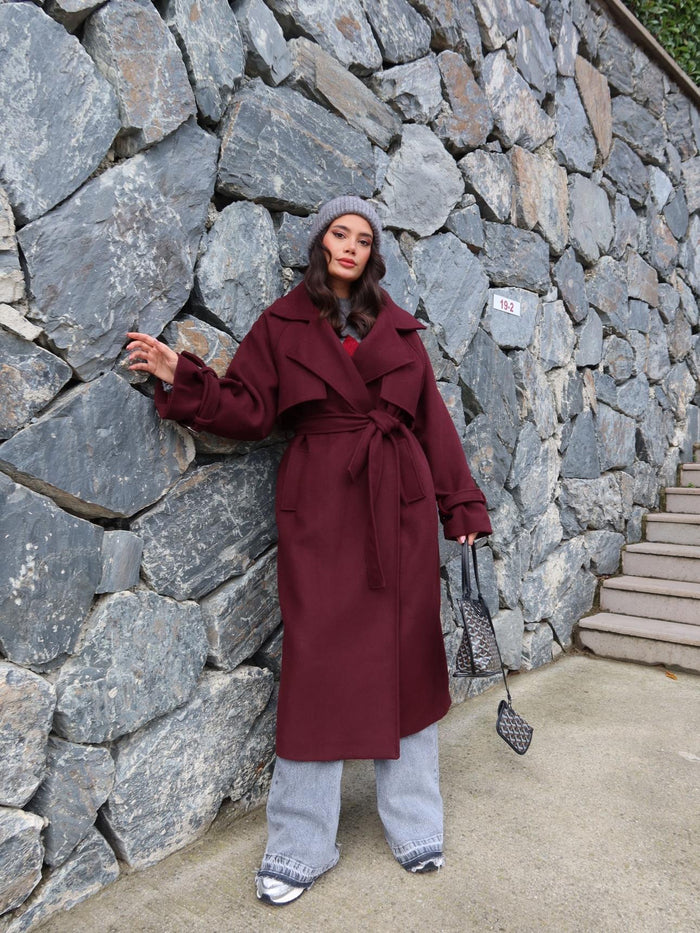 Kruvaze Kol Kemerli Kuşaklı Yün Kaban