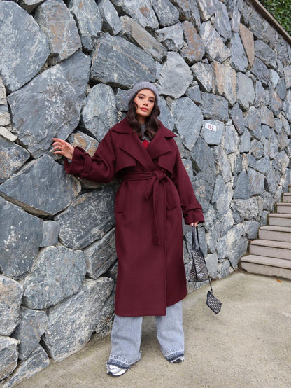 Kruvaze Kol Kemerli Kuşaklı Yün Kaban