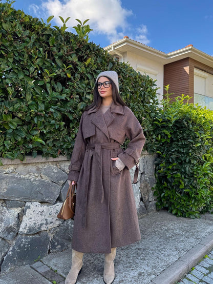 Kruvaze Kol Kemerli Kuşaklı Yün Kaban