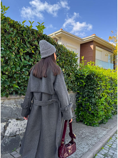 Kruvaze Kol Kemerli Kuşaklı Yün Kaban