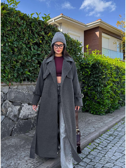 Kruvaze Kol Kemerli Kuşaklı Yün Kaban