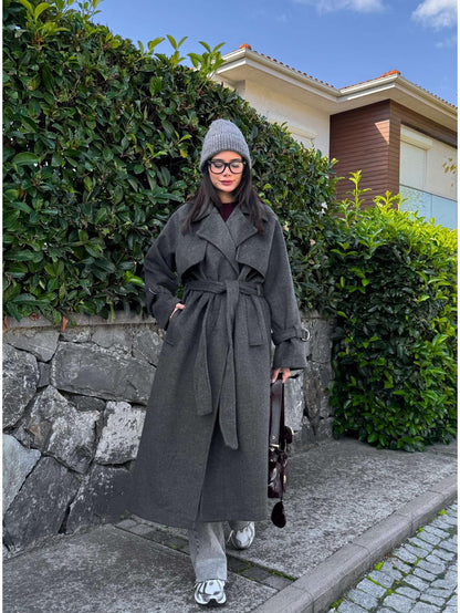 Kruvaze Kol Kemerli Kuşaklı Yün Kaban