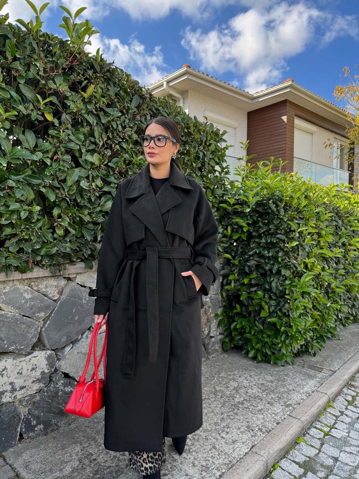 Kruvaze Kol Kemerli Kuşaklı Yün Kaban