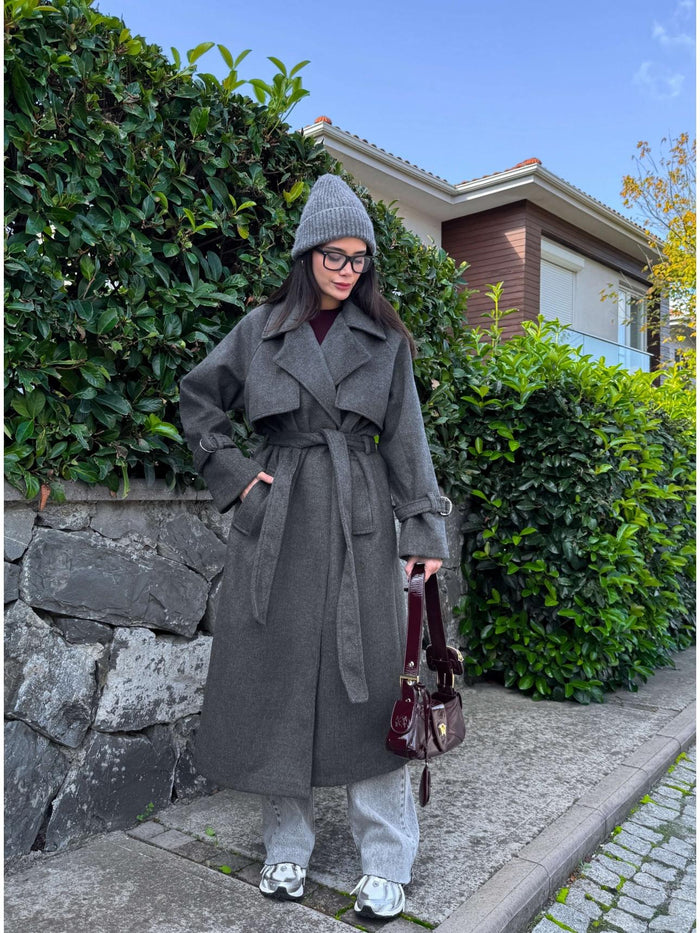 Kruvaze Kol Kemerli Kuşaklı Yün Kaban