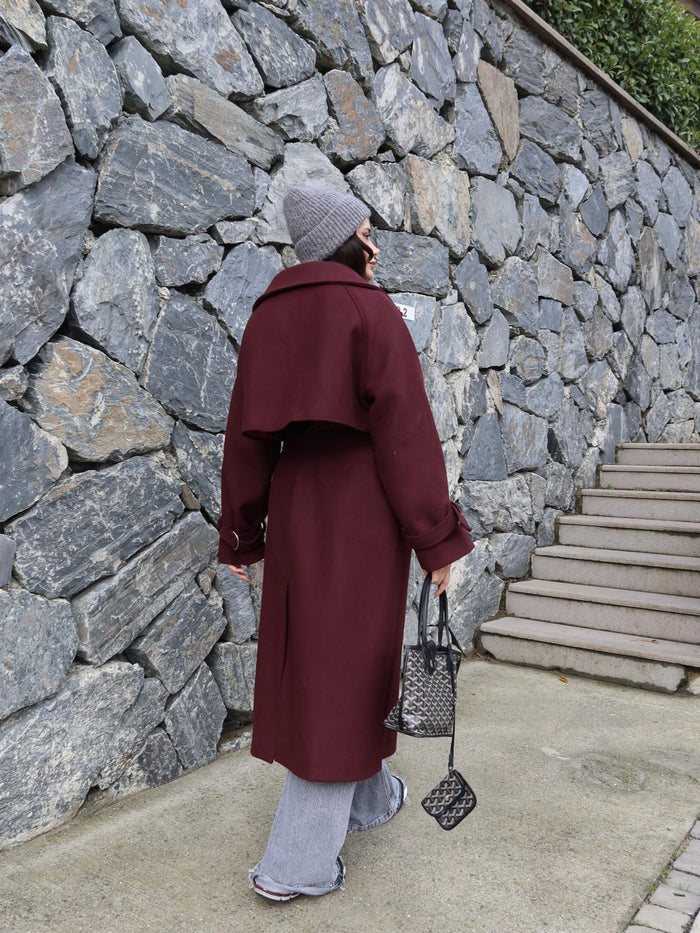 Kruvaze Kol Kemerli Kuşaklı Yün Kaban