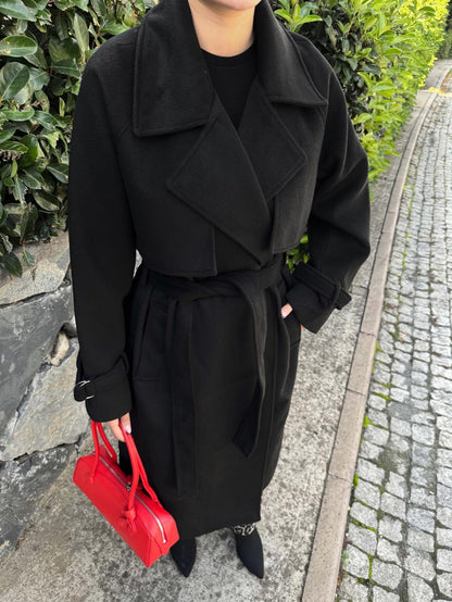 Kruvaze Kol Kemerli Kuşaklı Yün Kaban