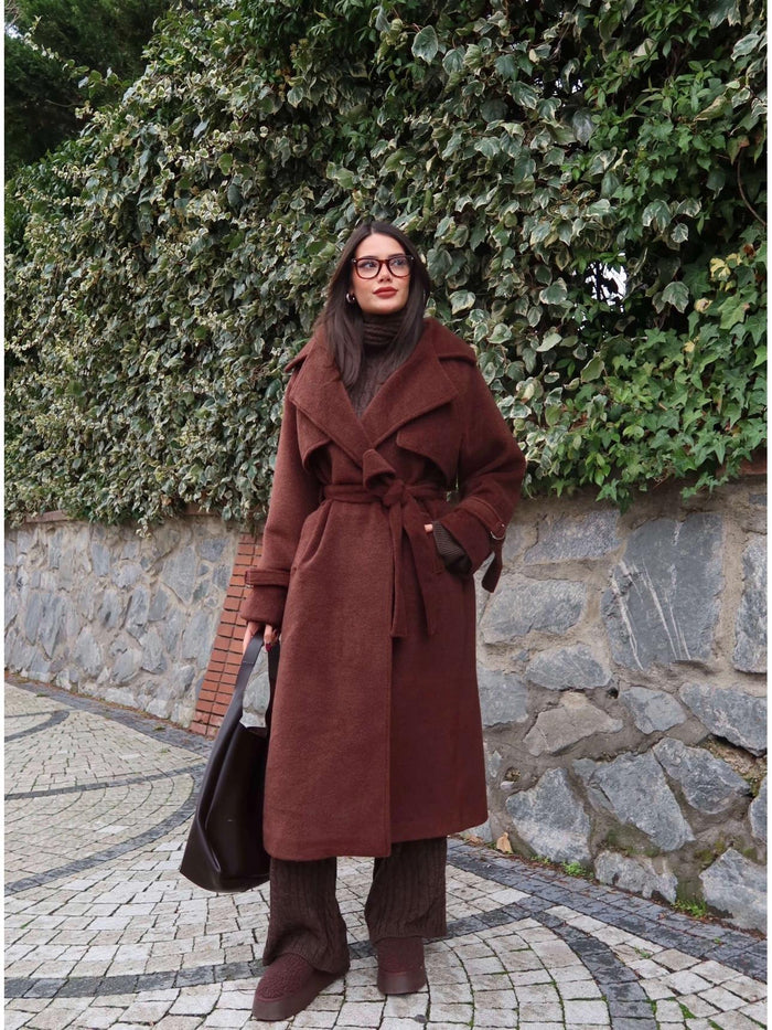 Kruvaze Kol Kemerli Kuşaklı Yün Kaban