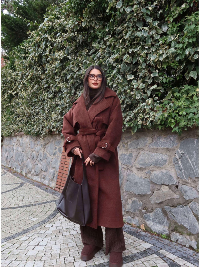 Kruvaze Kol Kemerli Kuşaklı Yün Kaban