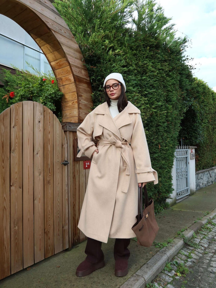 Kruvaze Kol Kemerli Kuşaklı Yün Kaban