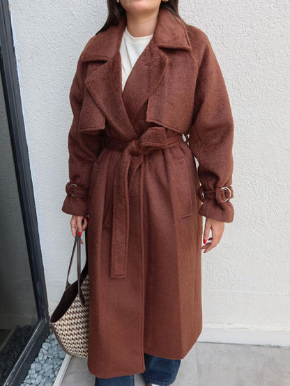 Kruvaze Kol Kemerli Kuşaklı Yün Kaban