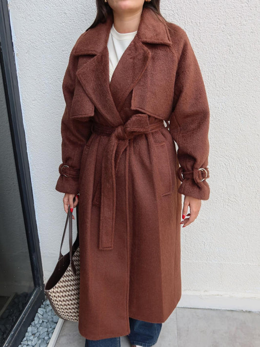 Kruvaze Kol Kemerli Kuşaklı Yün Kaban