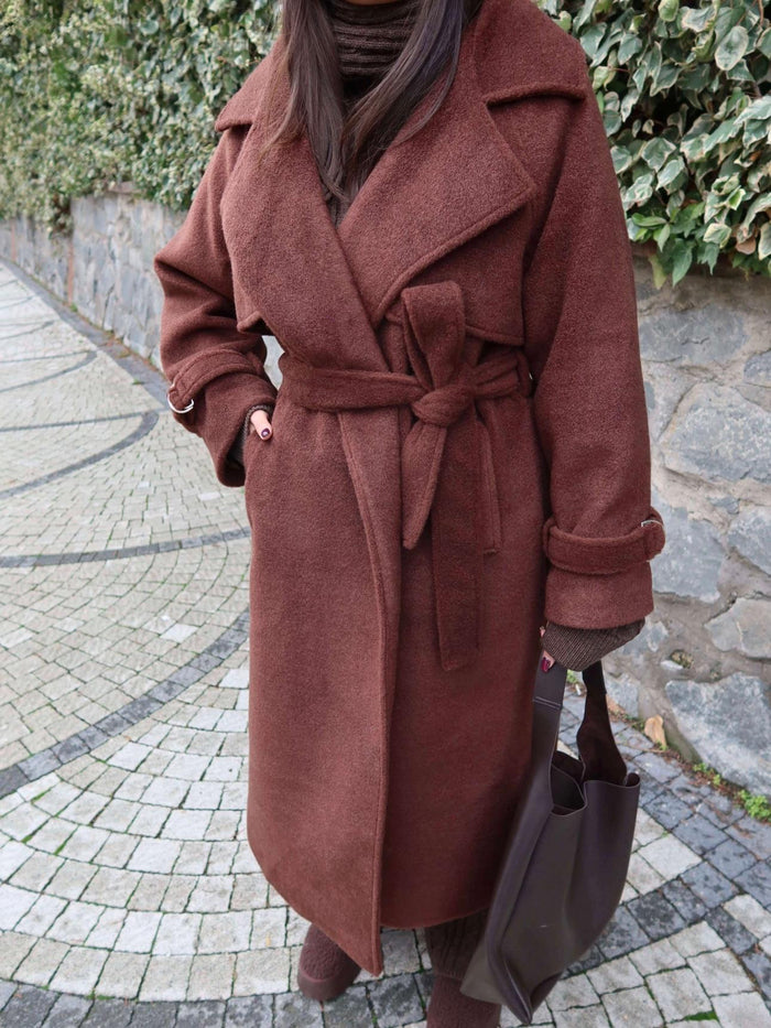 Kruvaze Kol Kemerli Kuşaklı Yün Kaban