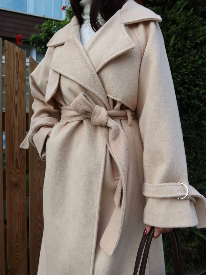 Kruvaze Kol Kemerli Kuşaklı Yün Kaban