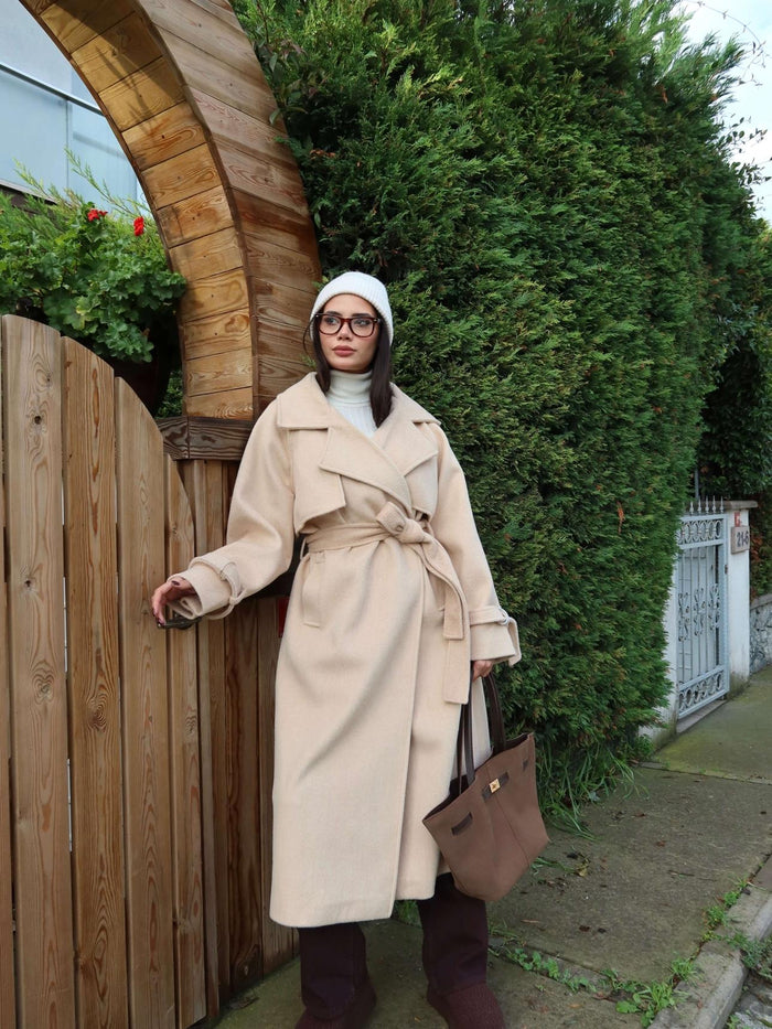 Kruvaze Kol Kemerli Kuşaklı Yün Kaban