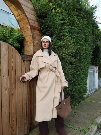 Kruvaze Kol Kemerli Kuşaklı Yün Kaban