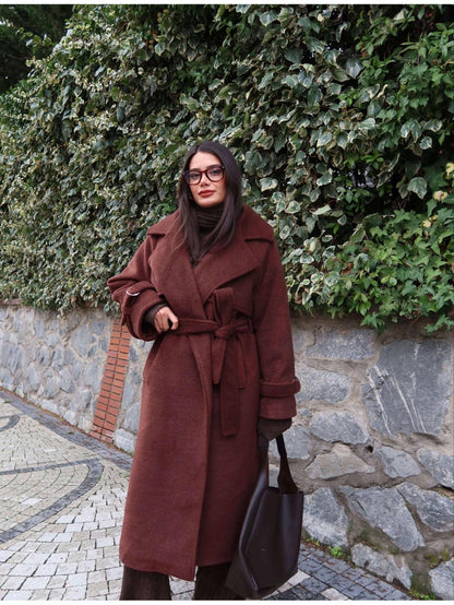 Kruvaze Kol Kemerli Kuşaklı Yün Kaban