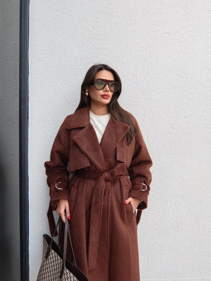 Kruvaze Kol Kemerli Kuşaklı Yün Kaban