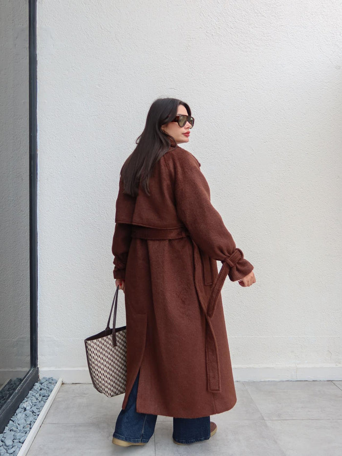 Kruvaze Kol Kemerli Kuşaklı Yün Kaban