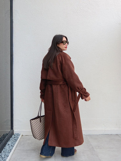 Kruvaze Kol Kemerli Kuşaklı Yün Kaban