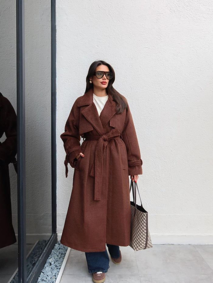 Kruvaze Kol Kemerli Kuşaklı Yün Kaban